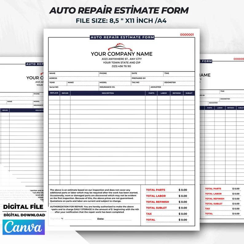 Auto Repair Estimate Form