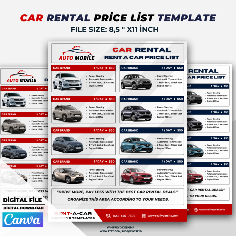 Car Rental Price List Template, Vehicle Rental Rates