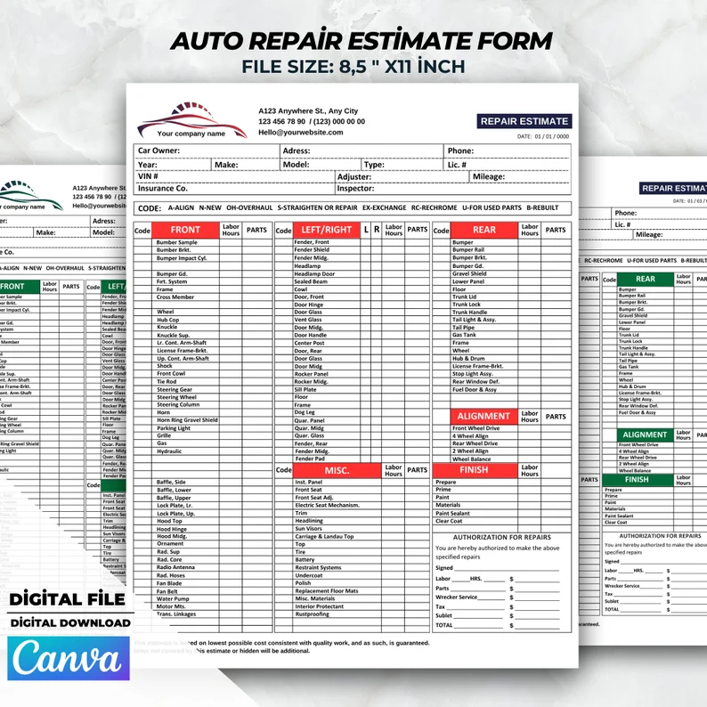 Auto Repair With Checklist Template - Auto Repair Estimate Form