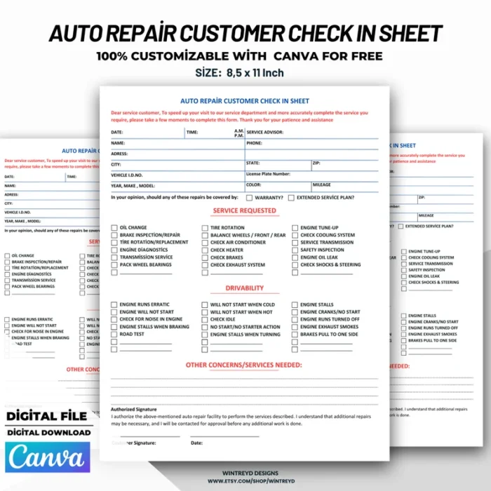 Auto Repair Customer Check-In Sheet - Service Record