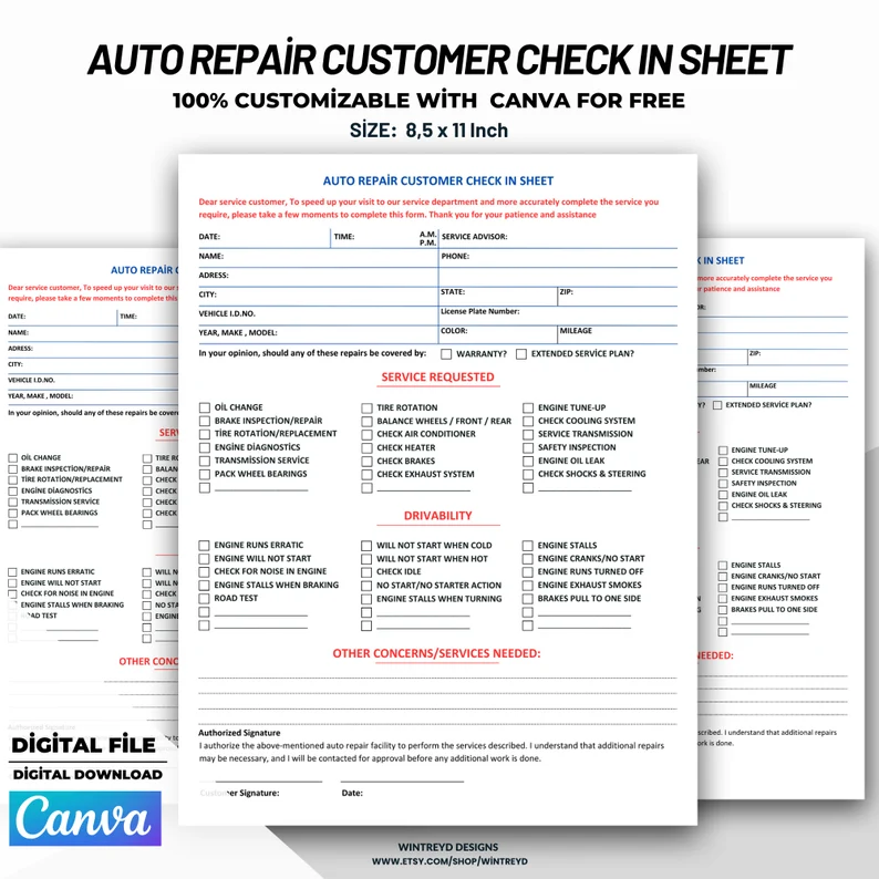 Auto Repair Customer Check-In Sheet - Service Record