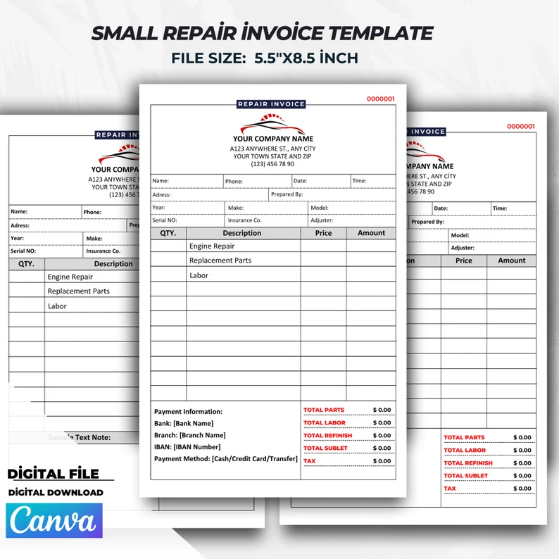 Small Repair Invoice Template , Small Repair Service Invoice Form, Canva Template