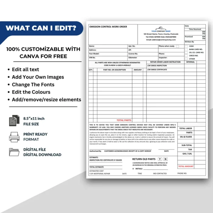 Auto Repair Emission Control Work Order Form Template